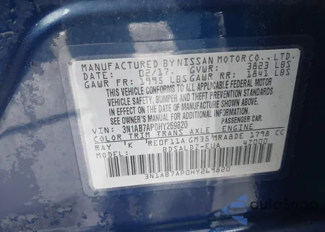 2017 Nissan Sentra Sv z USA, uszkodzony, nr VIN 3N1AB7AP0HY269820